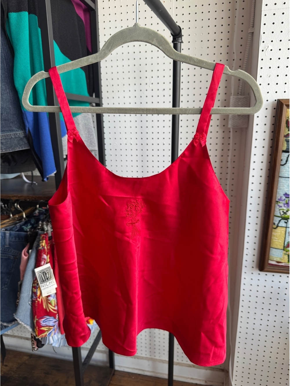Inner Most Intimate Vintage Red Satin Floral Embroidered Camisole Tank Top M